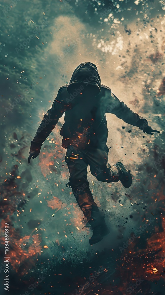 Silhouette of a Figure Running Through Fire and Smoke Silhouette of a Figure Running Through Fire and Smoke