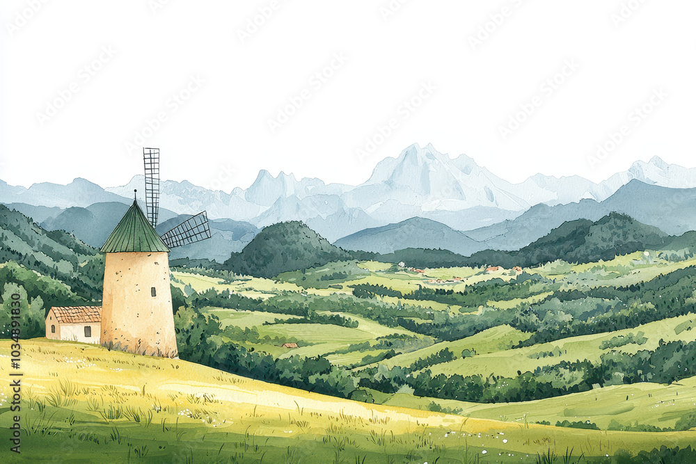 A serene landscape featuring rolling green hills, a quaint tower, and distant mountains under a soft sky, depicting tranquility and natural beauty. A serene landscape featuring rolling green hills, a quaint tower, and distant mountains under a soft sky, depicting tranquility and natural beauty.