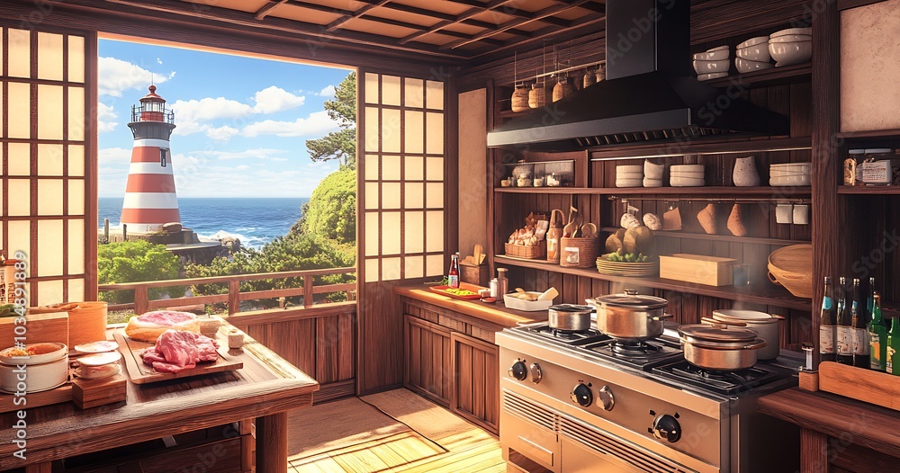 Coastal Kitchen with Ocean View and Fresh Meat Coastal Kitchen with Ocean View and Fresh Meat