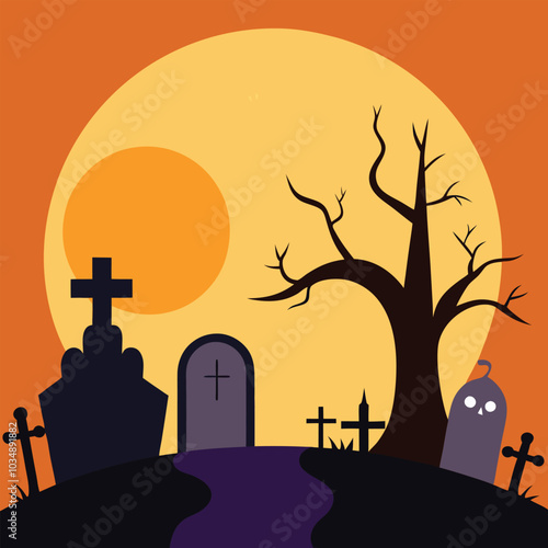 A graveyard with many gravestones and a full moon in the sky - Generative AI