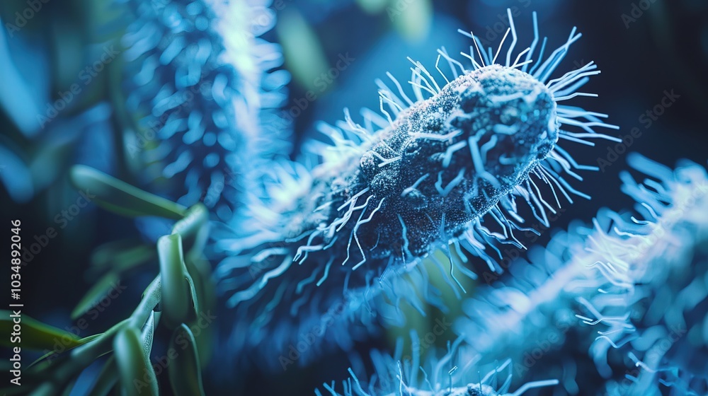 Obraz premium Ancient microbes under microscope reveal intricate cellular structures, showcasing their mysterious and ancient nature, ideal for scientific and educational content.