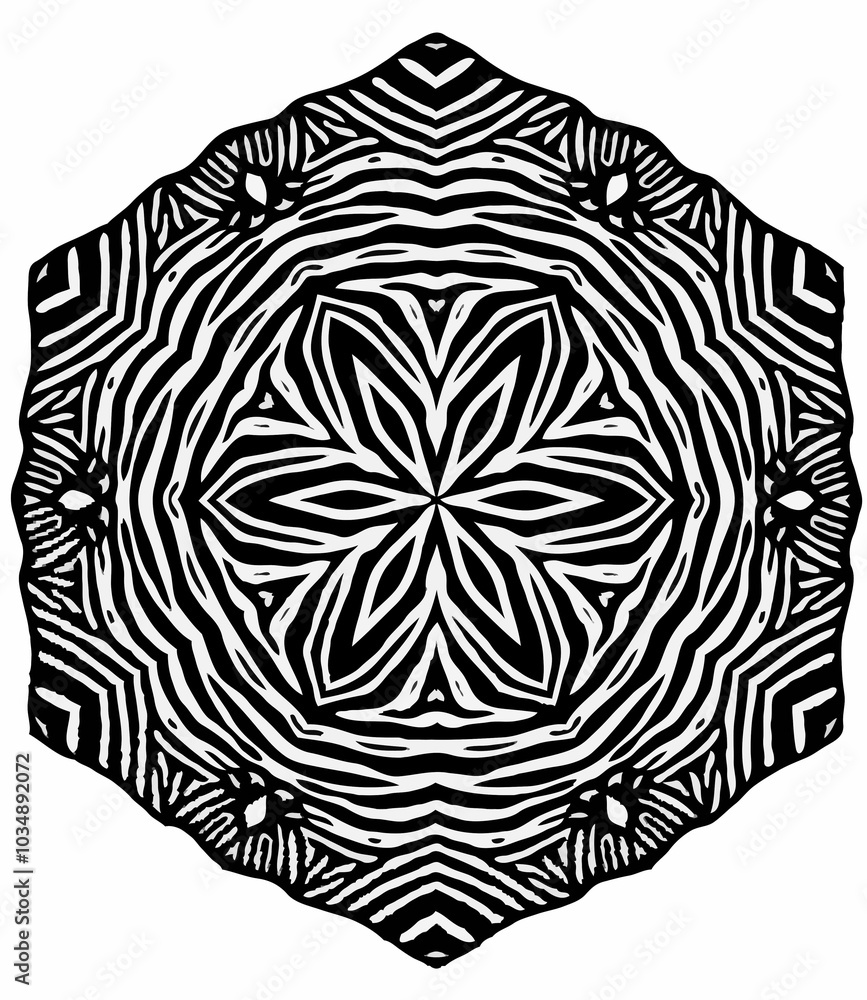 black-and-white, symmetrical, mandala-like pattern with intricate, wavy lines radiating outward. The central design resembles layered petals, giving a floral or starburst effect. Surrounding patterns black-and-white, symmetrical, mandala-like pattern with intricate, wavy lines radiating outward. The central design resembles layered petals, giving a floral or starburst effect. Surrounding patterns