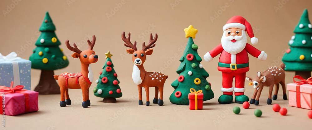 Santa Claus with tree and gift boxes Craft plasticine on Merry Christmas Santa Claus with tree and gift boxes Craft plasticine on Merry Christmas