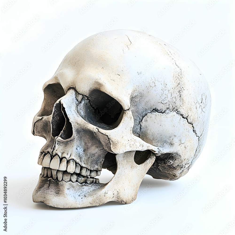 Detailed Human Skull with Unique Textures and Cracks on white background Detailed Human Skull with Unique Textures and Cracks on white background