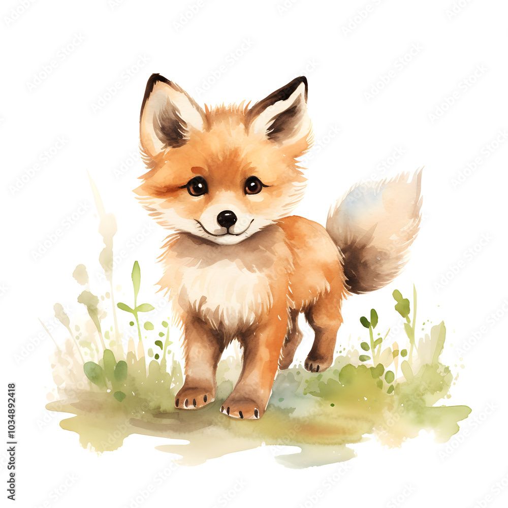 Obraz premium Red fox, watercolor cartoon character. Adorable animal standing and lookind straight. Baby room decoration, wallpaper element. Clipart isolated.