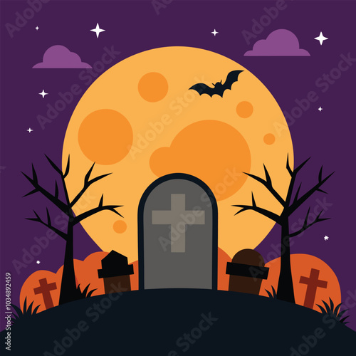 A graveyard with many gravestones and a full moon in the sky - Generative AI