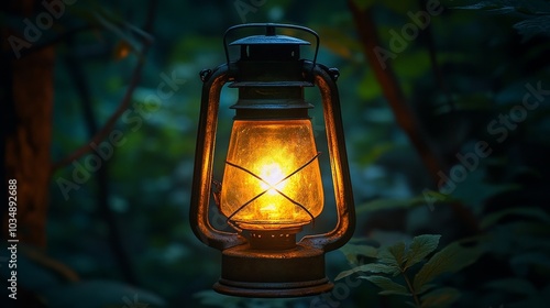 A bright lantern flickered in the center of the dark forest, emitting a warm and gentle glow that illuminated nearby trees. Symbolizing hope and the light that always exists in the darkness