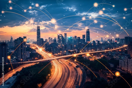 A cityscape at night with glowing lines connecting buildings, representing modern technology and digital communication.