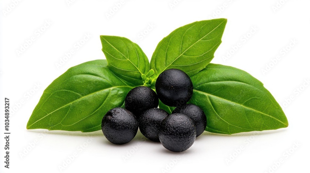 A photostock images of black peppercorns and basil leaves, isolated on white background, High Quality A photostock images of black peppercorns and basil leaves, isolated on white background, High Quality