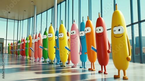 Colorful 3D cartoon characters standing in line to vote in a fictional election, holding hilariously oversized pens photo