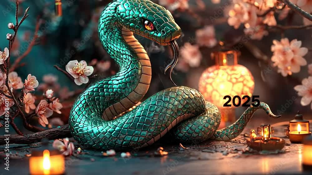 Serpent symbolism: engaging video numbers 2025 paired with cheerful green tree snake, representing Chinese lunar calendar, essence of the Spring Festival and the excitement of Chinese New Year. Serpent symbolism: engaging video numbers 2025 paired with cheerful green tree snake, representing Chinese lunar calendar, essence of the Spring Festival and the excitement of Chinese New Year.