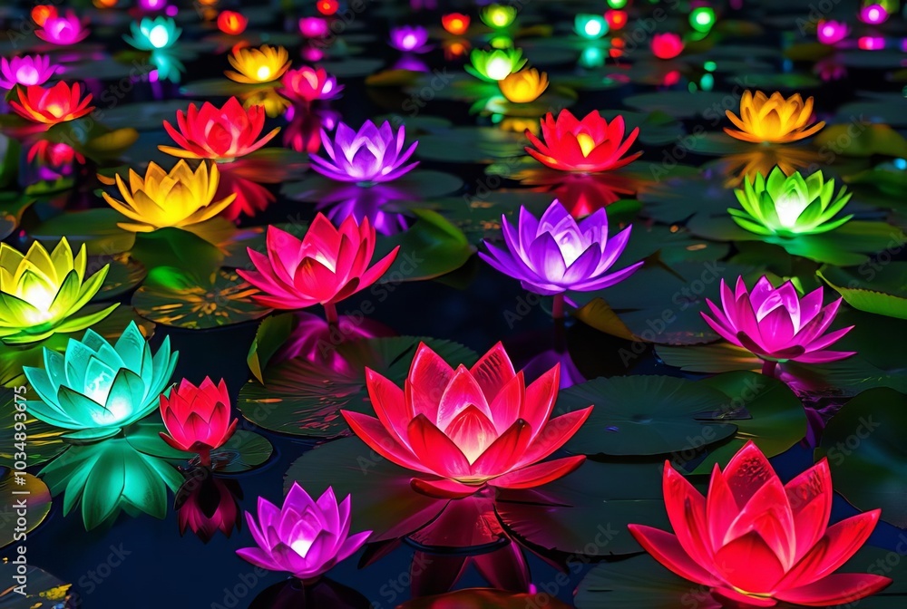Vibrant Glass Robotic Lotus Pond A pond filled with glass lotus Vibrant Glass Robotic Lotus Pond A pond filled with glass lotus
