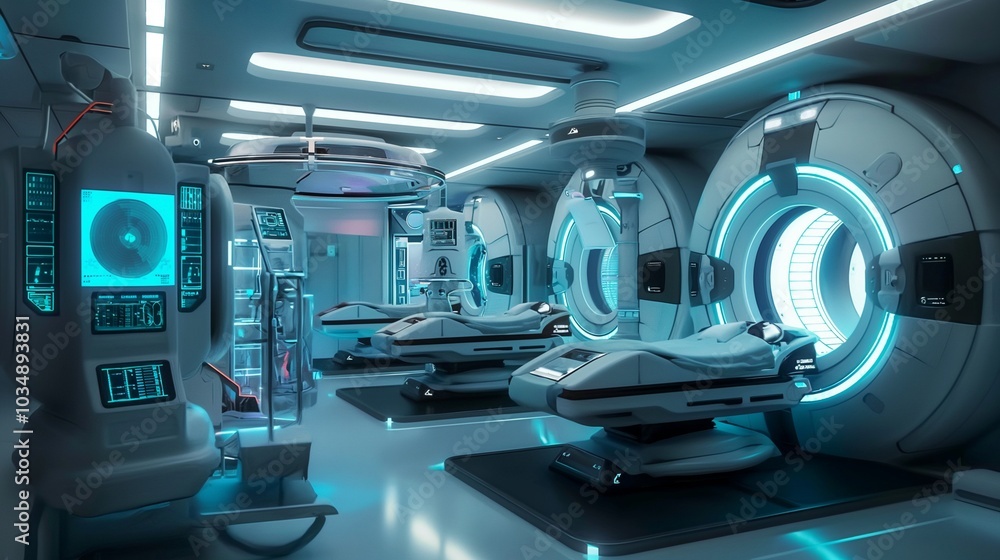 Fototapeta premium Futuristic medical imaging center with advanced diagnostic equipment and blue lighting for healthcare innovation and technological advancement
