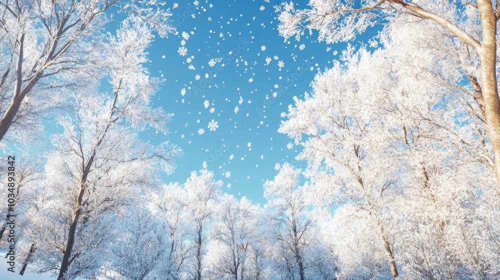 Serene winter scene featuring a snowy forest with icy trees and a clear blue sky creating a beautiful backdrop for the holiday season with fresh snowfall and frosty accents Serene winter scene featuring a snowy forest with icy trees and a clear blue sky creating a beautiful backdrop for the holiday season with fresh snowfall and frosty accents