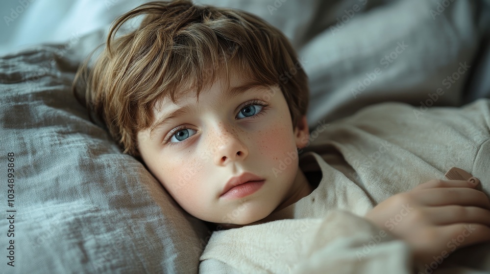 A playful six-year-old boy lying on his bed, smiling and enjoying his leisure time, surrounded by colorful toys and a cozy bedroom atmosphere, representing childhood joy and innocence. A playful six-year-old boy lying on his bed, smiling and enjoying his leisure time, surrounded by colorful toys and a cozy bedroom atmosphere, representing childhood joy and innocence.