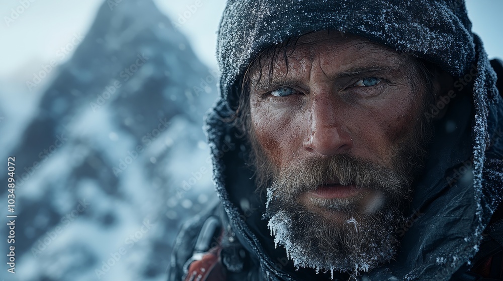 A tired explorer struggles to climb steep icebergs in harsh winter conditions, battling against the piercing cold wind and his frosty beard, showcasing the harsh reality of extreme exploration A tired explorer struggles to climb steep icebergs in harsh winter conditions, battling against the piercing cold wind and his frosty beard, showcasing the harsh reality of extreme exploration