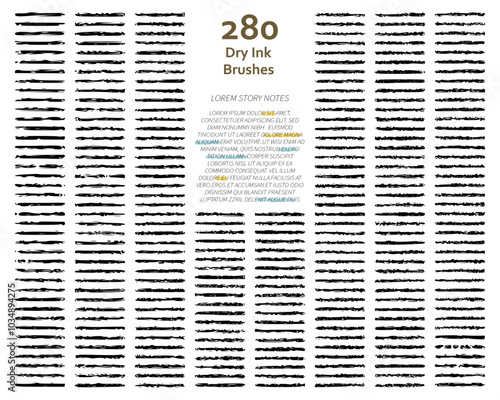 Set of 280 bold dry ink art brushes with unique texture for marker, scrapbook, story book, animation/illustration. Compatible with Adobe Illustrator CS6 and above.
