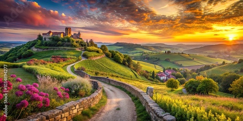 A winding stone path through rolling hills, leading to a secluded castle perched atop a verdant peak, bathed in the warm glow of a golden sunset