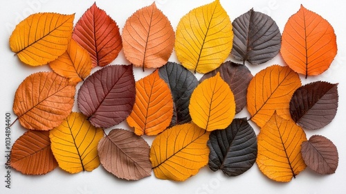 A photostock images of colorful autumn leaves arranged randomly, isolated on white background, High Quality