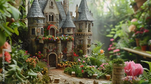 A fantasy castle in a miniature courtyard and flower garden