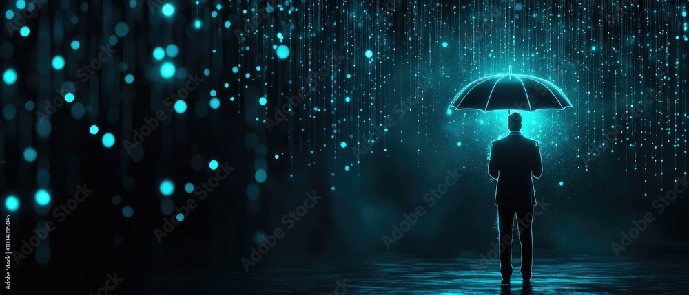 A digital silhouette holding up a glowing umbrella, deflecting streams of data trying to breach their privacy from all directions A digital silhouette holding up a glowing umbrella, deflecting streams of data trying to breach their privacy from all directions