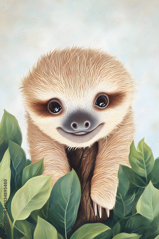 Fototapeta premium Cute Sloth Hanging on a Tree Branch in a Rainforest
