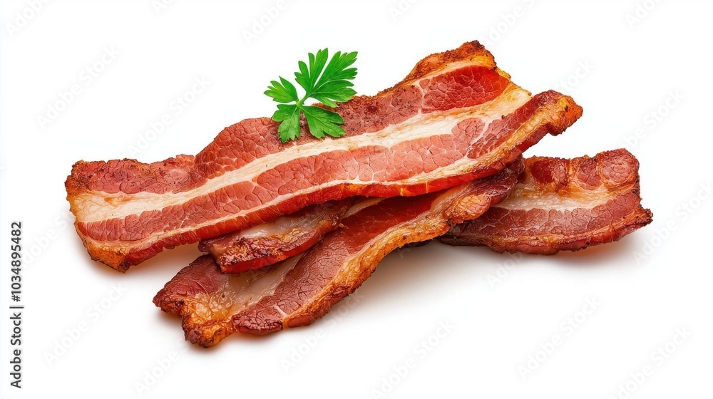 A photostock images of crispy cooked bacon strips, isolated on white background, High Quality A photostock images of crispy cooked bacon strips, isolated on white background, High Quality
