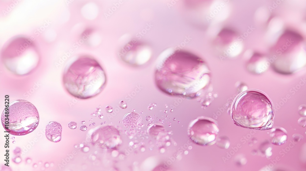 Macro view of oil droplets floating on a water surface Abstract background featuring pink bubbles Artistic representation of cosmetic liquid beauty products Colorful and visually appealing backdrop Macro view of oil droplets floating on a water surface Abstract background featuring pink bubbles Artistic representation of cosmetic liquid beauty products Colorful and visually appealing backdrop