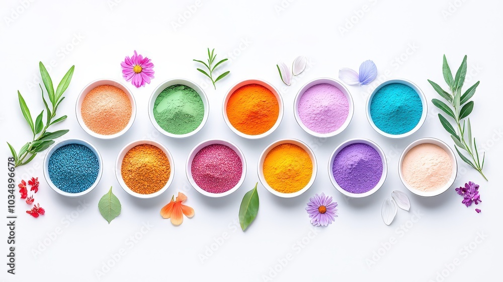 A minimalist flat lay of Ayurveda ingredients in small bowls, placed on a clean white background, emphasizing balance and natural remedies.