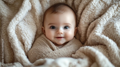 Baby bundled in a cozy blanket, smiling warmly 