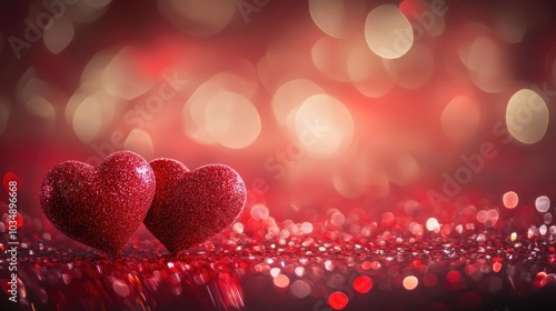 Valentine s Day backdrop featuring red hearts against a shimmering bokeh design