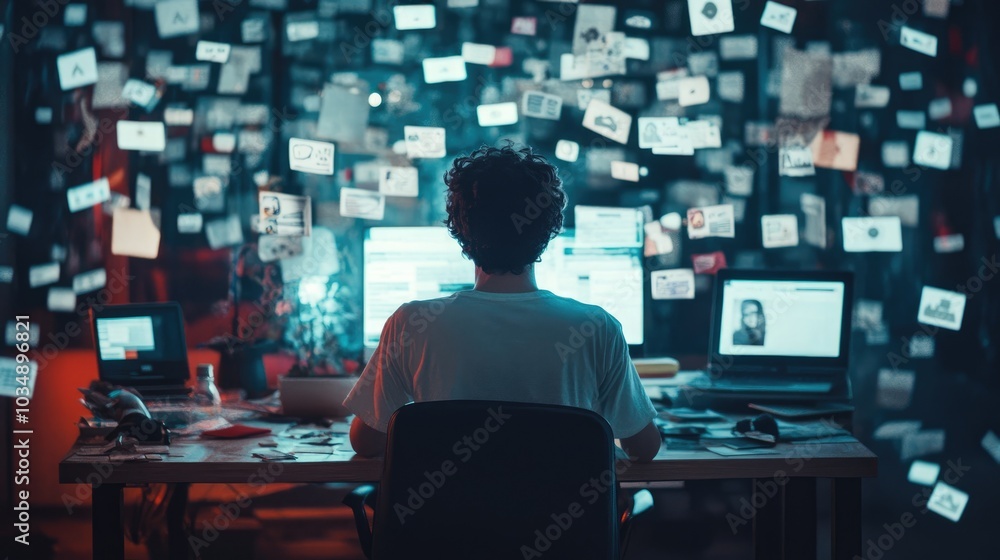 A person sitting at a desk surrounded by digital notifications and messages, representing the overwhelming nature of digital social life A person sitting at a desk surrounded by digital notifications and messages, representing the overwhelming nature of digital social life