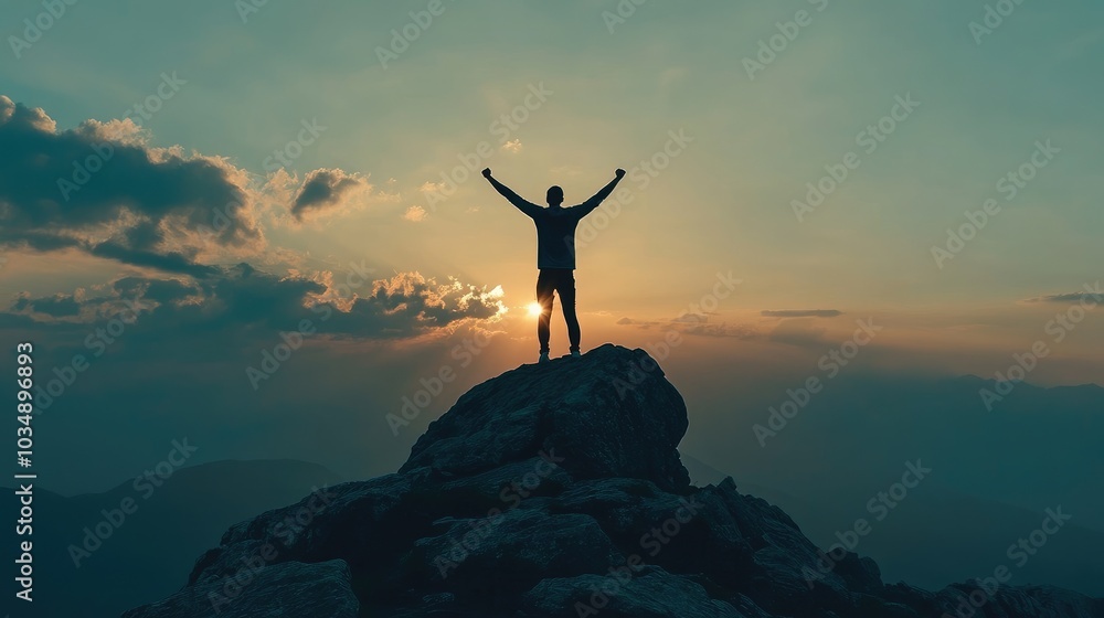 A person standing on a mountain peak with arms raised, celebrating victory as the sun rises, symbolizing hope and achievement A person standing on a mountain peak with arms raised, celebrating victory as the sun rises, symbolizing hope and achievement