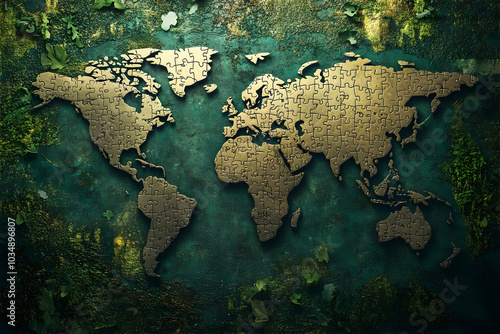 A world map with puzzles with green planet concept photo