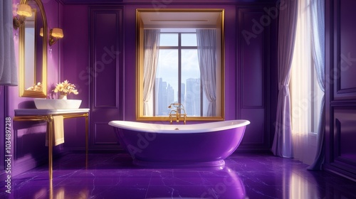 Lavish bathroom with a purple tub and golden accents 