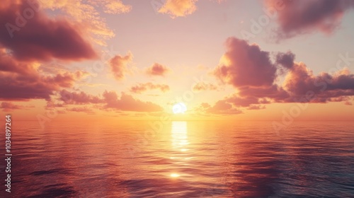 A bright sunrise over a calm ocean, symbolizing new opportunities, hope, and the promise of future success