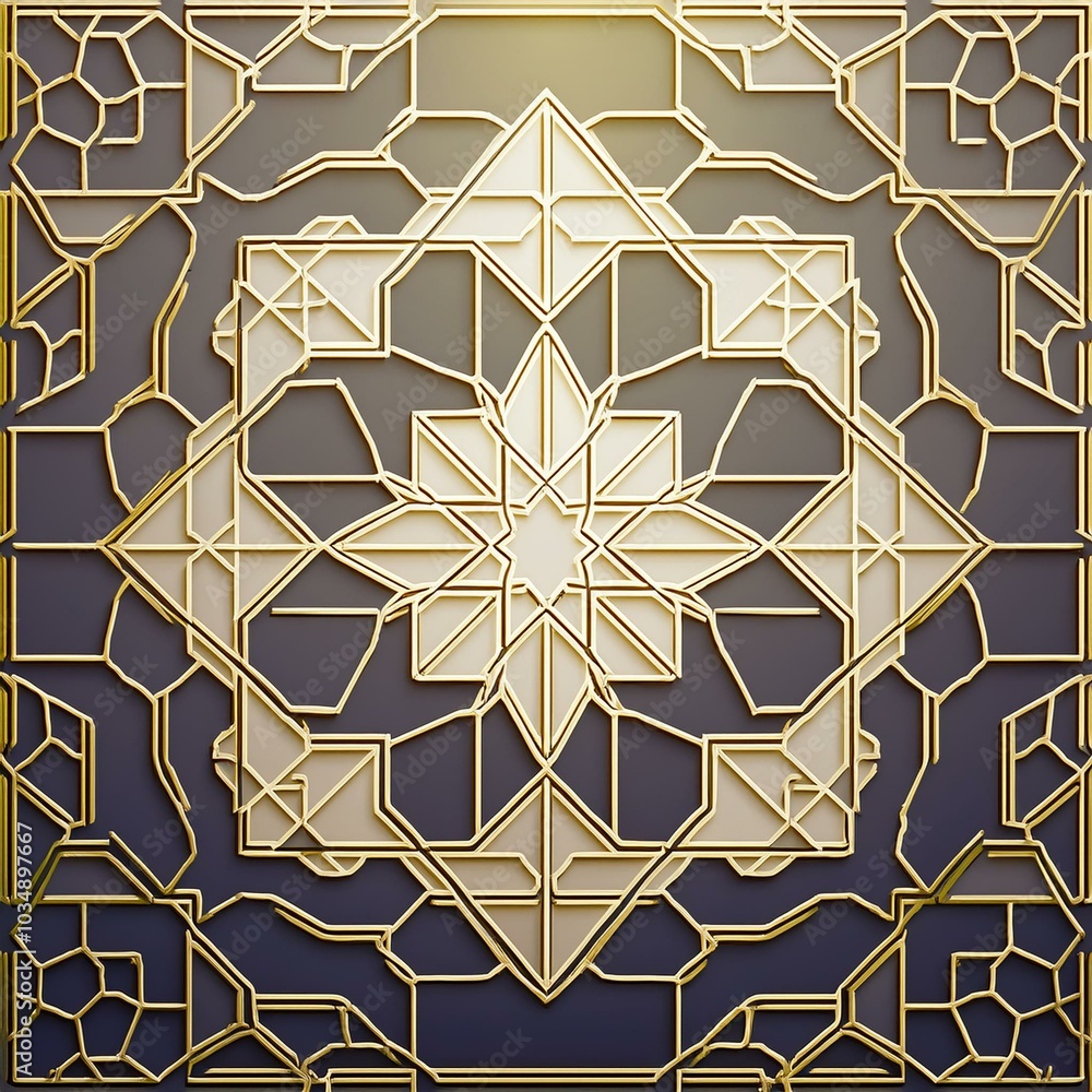 Islamic ornament with golden-lined geometric tiles, creating an abstract background with Arabic-inspired design.