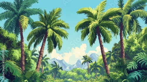 Cartoon style palm trees featuring lush green leaves set in a vibrant tropical landscape reminiscent of sunny forests and exotic beach vacations