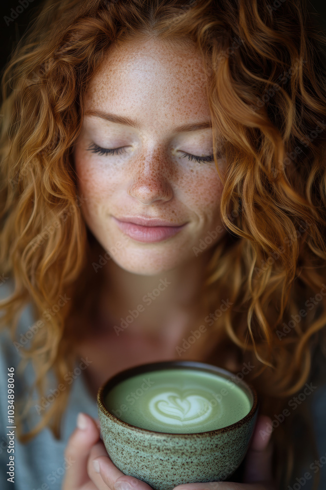 sitting smiling young woman drinking matcha tee. AI generative. sitting smiling young woman drinking matcha tee. AI generative.