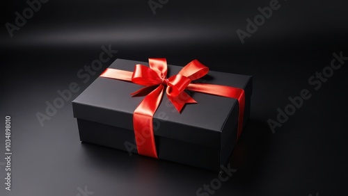 Minimalist Black Box with Red Ribbon. A stylish black gift box with a bright red ribbon on a dark background. Ideal for holiday, birthday, or luxury advertising materials