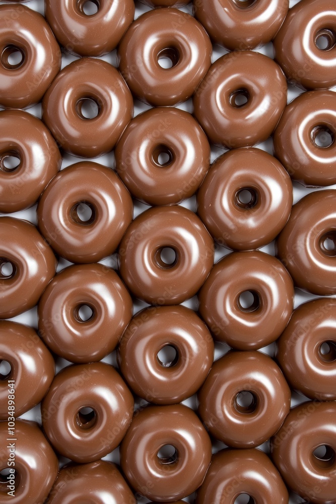 Rows of Chocolate Glazed Donuts Close-Up Rows of Chocolate Glazed Donuts Close-Up