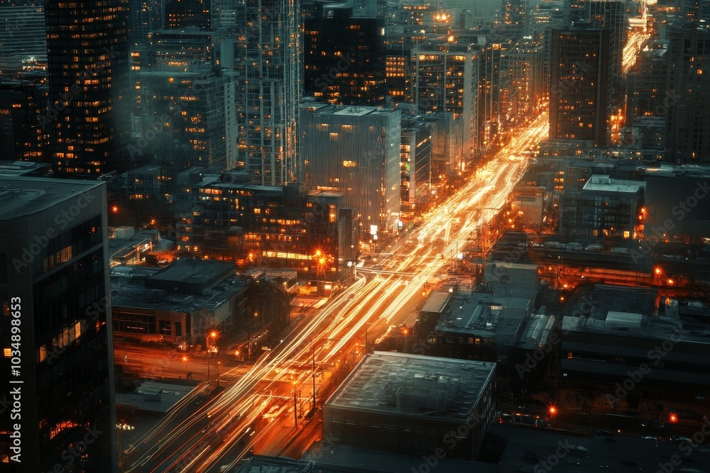 An aerial view of a city at night, with traffic lights streaking through the streets. An aerial view of a city at night, with traffic lights streaking through the streets.