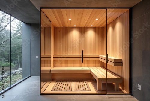 _ . Glass Wall Sauna A modern sauna with a glass wall and a mini