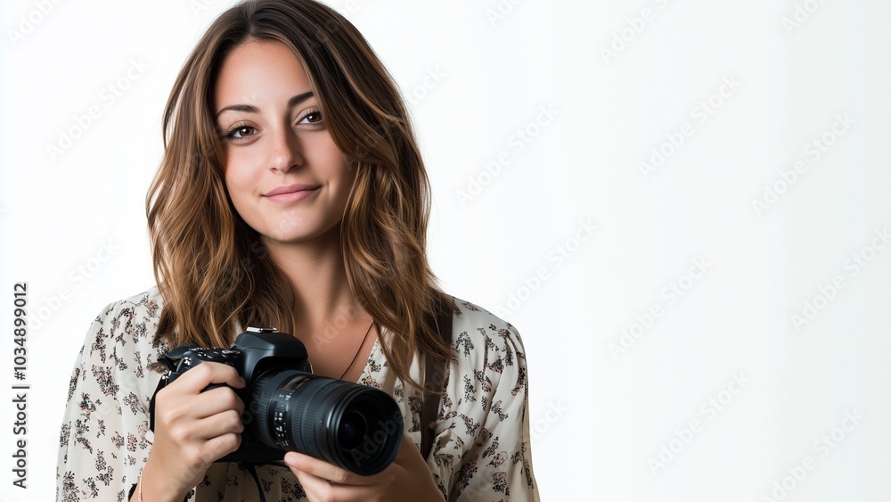 A smiling woman holding a camera, capturing a moment in a studio setting A smiling woman holding a camera, capturing a moment in a studio setting