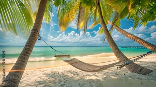 Hammock Between Two Palm Trees on Beach, A tranquil scene of a hammock tied between two coconut trees on a pristine beach photo