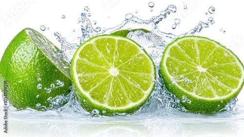 A photostock images of lime slices with splashing water, isolated on white background, High Quality