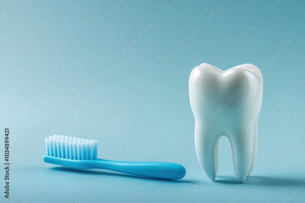 Toothbrush and Tooth Model on Blue Background Toothbrush and Tooth Model on Blue Background