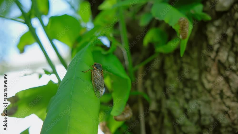 Cicadas emerging from ground and go up the tree trunk. footage of Cicadas on tree leaf Cicadas emerging from ground and go up the tree trunk. footage of Cicadas on tree leaf