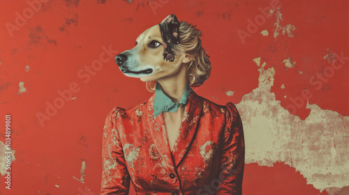 A stylish woman in a vintage outfit is pictured with a dog's head on her body. This creative, surreal image combines art, beauty, and imagination in a modern collage. photo