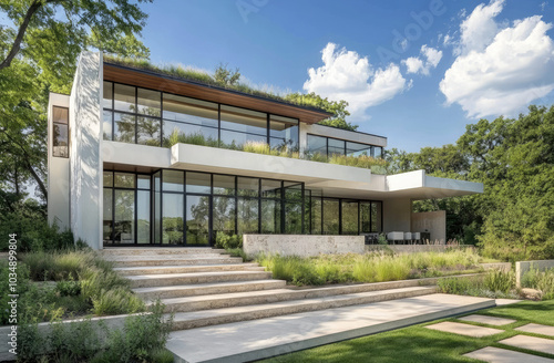 Modern house exterior design, with white concrete walls, glass windows and doors, a green roof with plants on the top floor, an entrance decorated with gray decorative stones in front of it